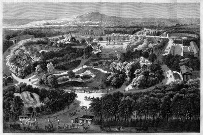allmän bild av acklimatiseringens trädgård till Bois de Boulogne som erbjöds och invigdes av Napoleon III 1860, som kombinerar natur, frodig flora och exotiska djur, i "" l