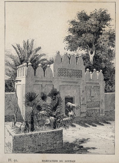 habitation du Sudan (Sudan) - gravyr från 1889 i "History of human habitation at the Universal Exhibition of 1889, by Mr Charles GARNIER - Librairie centrale des beaux-arts Paris 1889 av Unknown artist