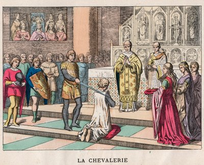 riddare - La Chivalerie - Uppmjukning av en riddare - Gravering av slutet av 1800-talet i "" Nos Gires Nationales - Bilder och reciter"" av Unknown artist