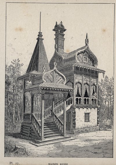 Ryskt hus - Ryskt hus - gravyr från 1889 i "Historia om mänskligt boende vid världsutställningen 1889, av Mr Charles GARNIER - Librairie centrale des beaux-arts Paris 1889 av Unknown artist