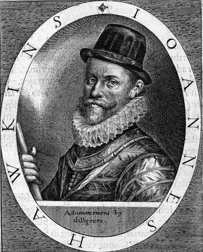 porträtt av Sir John Hawkins (Hawkyns) engelsk amiral (1532-1595), känd för att vara den första att handla med svart, gjorde han flera resor, finansiellt av London-handlare, mellan Afrika och Amerika. Gravyr från 1620. av Unknown artist