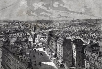 the Great Works of Haussman - Förvandlingar av Paris under det andra imperiet, Paris Haussmannien (Boulevard, Haussmannien works) - Le piercing de rue Etienne Marcel- från rue Turbigo till Place des Victoires - gravyr i "Le journal illustrious"" av 1 av Unknown artist