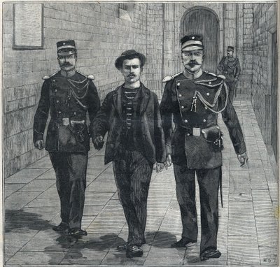 den italienska anarkisten Luigi Luccheni (Lucheni) mördare av imponen Elizabeth av Österrike (Sissi) ställdes inför domstolen 1898. av Unknown artist