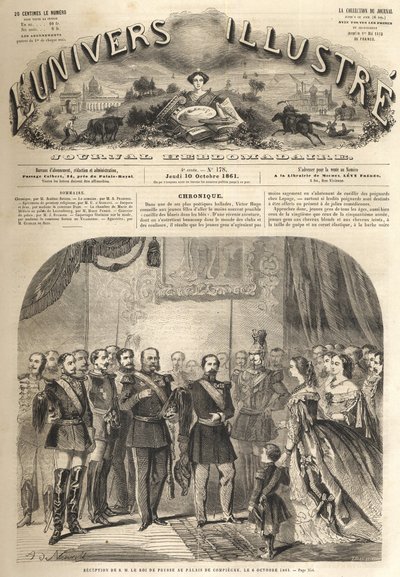 besök av Vilhelm, kungen av Preussen, hos Napoleon III, fransmännens kejsare, i Compiegne, Frankrike 1861 - Besök av Vilhelm I av Preussen (1797-1888) i Compiegne i närvaro av Napoleon III - Gravyr från "" illustrerande universum” av Unknown artist