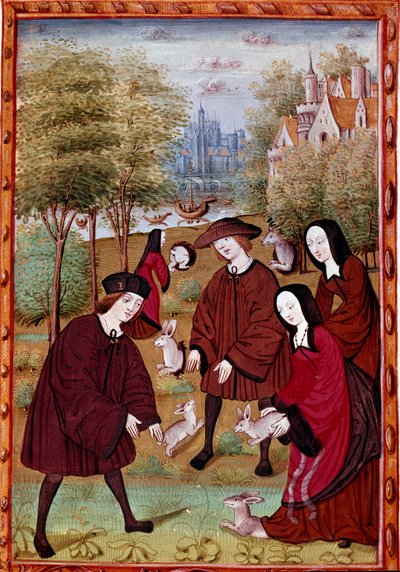 unga människor som leker med kaniner Miniatyr från "" Histoire de Jean III de Brush och hans fru Louise de Laval"" (fr. 1475) Chantilly, Musee Conde av Unknown artist