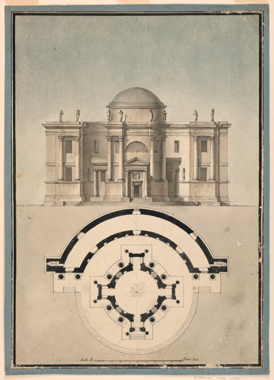 Design för ett klassiskt tempel med en Tempietto och halvcirkelformad Aedicule av Unknown, Italian
