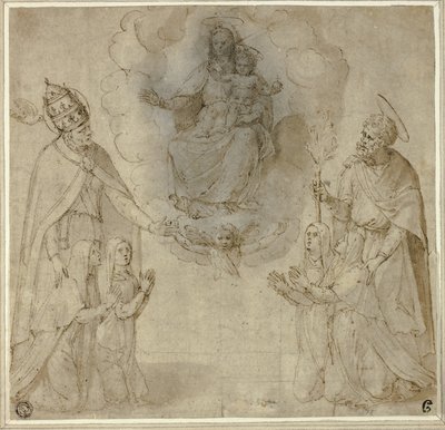 Jungfru Maria med barnet framför helgonet Fabianus (eller Gregorius den store) och Josef av Unknown Sienese
