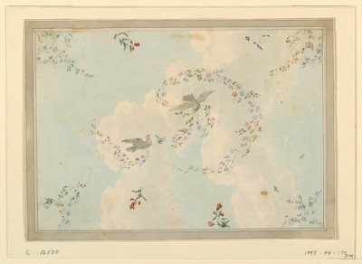 Ritning, takdekor med duvor och blomstergirlanger, möjligen till entréhallen, 1815-22 av Unknown artistUnknown artist