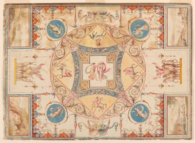 Teckning, Tak i Hadrianus villa med nymfer, kentaurer, hjortar och elefanter, ca 1785 av Unknown artistUnknown artist