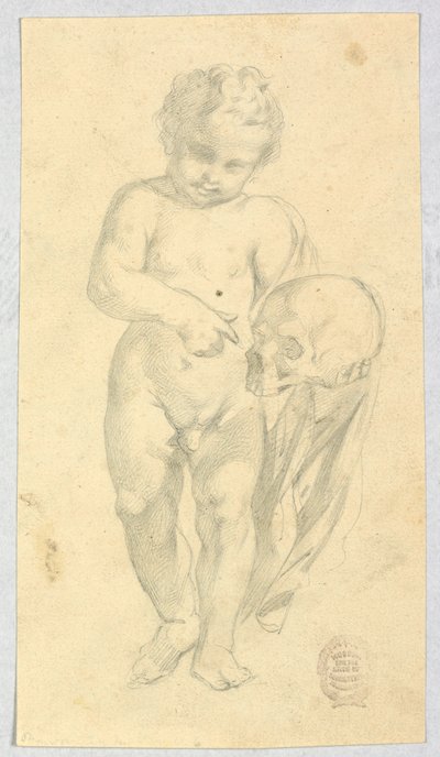 Teckning, Barn bärande på en dödskalle, 16-1900-tal av Unknown artistUnknown artist