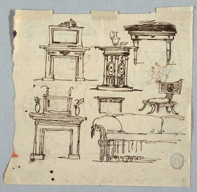 Ritning, skorstensbitar, möbler och takmedaljong, 1790-1810 av Unknown artistUnknown artist