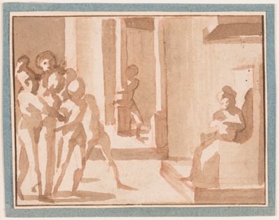 Teckning, Kristus inför Caiphas, 1550-1600 av Unknown artistUnknown artist