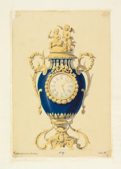 Ritning, Klocka i porslin, ca 1855 av Unknown artistUnknown artist