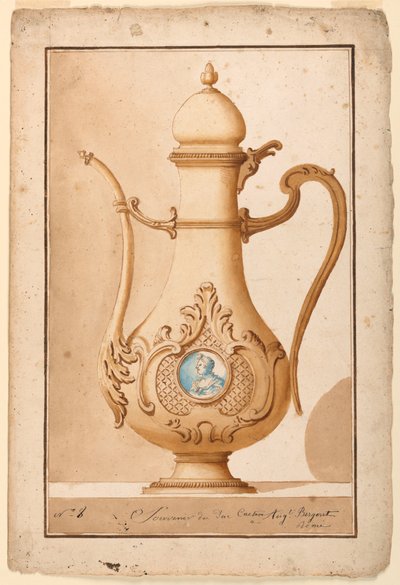 Ritning, Kaffekanna med emaljerad medaljong, 1700-1725 av Unknown artistUnknown artist