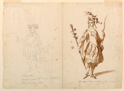 Teckning, Kostymdesign: Ungdom och Diana för en balett, ca 1720 av Unknown artistUnknown artist