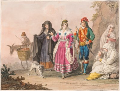 Teckning, Dräkter från Sicilien, 1828 av Unknown artistUnknown artist