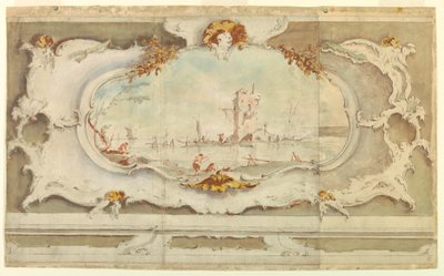 Teckning, dekorativ kartusch med landskap, ca 1770 av Unknown artistUnknown artist