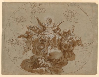 Ritning, Förslag till tak med Jungfru Marie himmelsfärd, 1700-1730 av Unknown artistUnknown artist