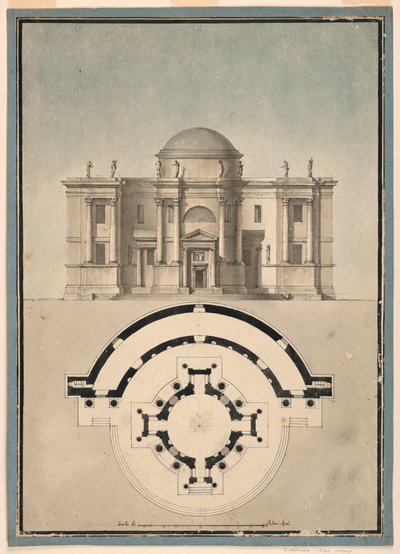 Ritning, Förslag till ett klassiskt tempel med tempietto och halvcirkelformad aedikula, ca 1780 av Unknown artistUnknown artist