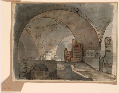 Teckning, scenografi, underjordiskt valvrum med gravar, tidigt 1800-tal av Unknown artistUnknown artist