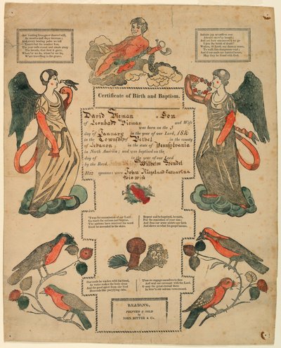Fraktur, dopattest [födelseattest], 1816 av Unknown artistUnknown artist