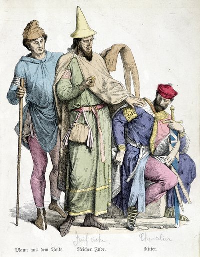 1000-talsdräkter: Mannen med käppen, den rike juden och riddaren. Gravyr av 1800-talet. av Unknown artist