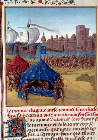 8:e korståget: Saint Louis (Louis IX) (1214/1215-1270) död från pesten i Tunis. Miniatyr hämtad från "" Le livre des faits de Monseigneur Saint Louis""" 1400-talets Paris, B.N. av Unknown artist