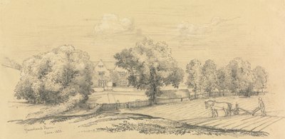 En gård med bonden och hans häst och plog i förgrunden av Unknown artist