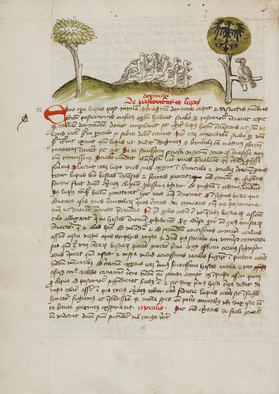 En flock fåglar under ett träd med en kronad örn med en heraldisk blasonering på vingarna av Unknown artist