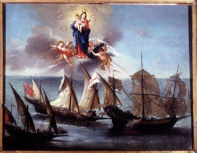 En Genuabåt attackerad av en galiot och en barbar halvgalär. Ex-voto 1796. Sjömuseet i Genua-Pegli. av Unknown artist
