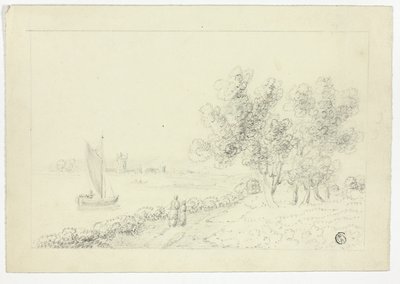 En hamn med en segelbåt av Unknown artist
