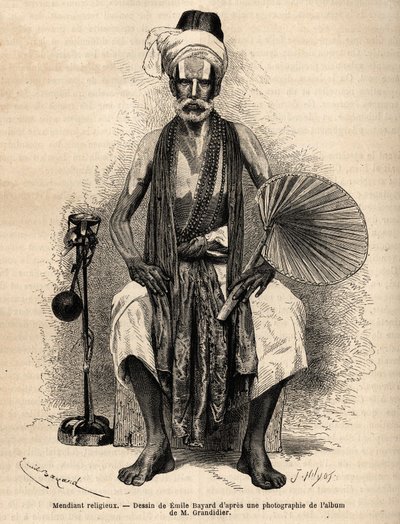 En hinduisk religiös tiggare. Gravyr för att illustrera resan i Indiens meridionalprovinser, av Alfred Grandidier, 1862-1864, publicerad i "" Le tour du monde""" 1869, redigerad av Edouard Charton, upplaga Hachette, Paris. Selva samling. av Unknown artist
