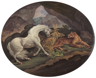 En häst skrämd av en lejoninna av Unknown artist