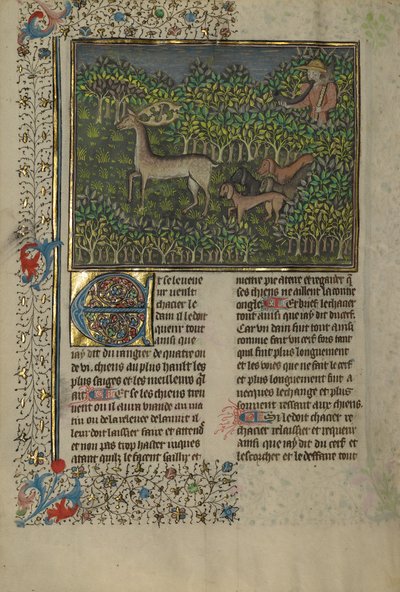 En jägare och hundar som förföljer en dovhjort av Unknown artist
