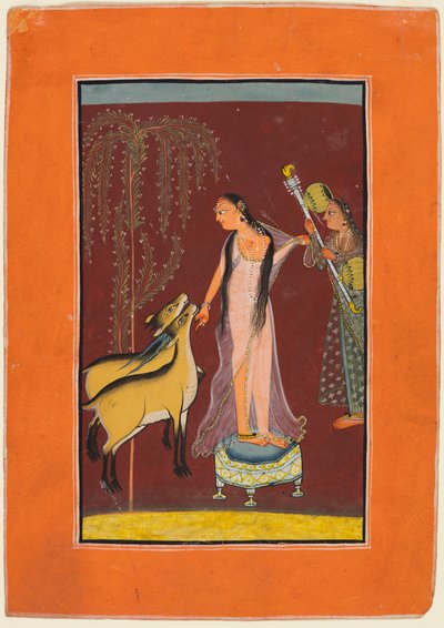 En dam med skötare och ett par rådjur: Förmodligen Gujari Ragini från Dipak, från en Pahari Ragamala av Unknown artist