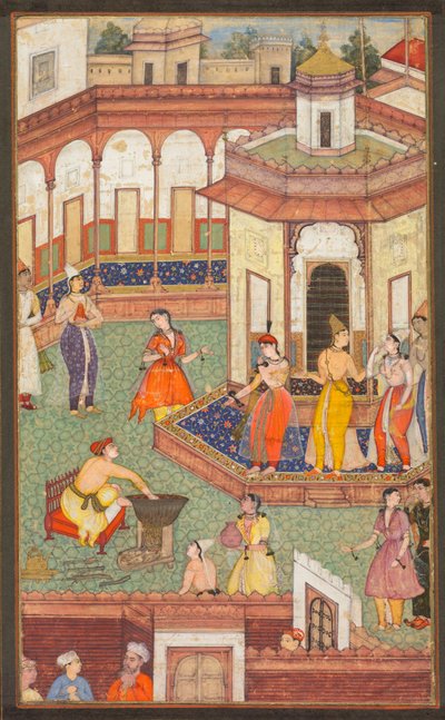 En man doppar sin hand i en kittel när Ladies of the Harem står i häpnad: A Page from a Manuscript of Religious History av Unknown artist