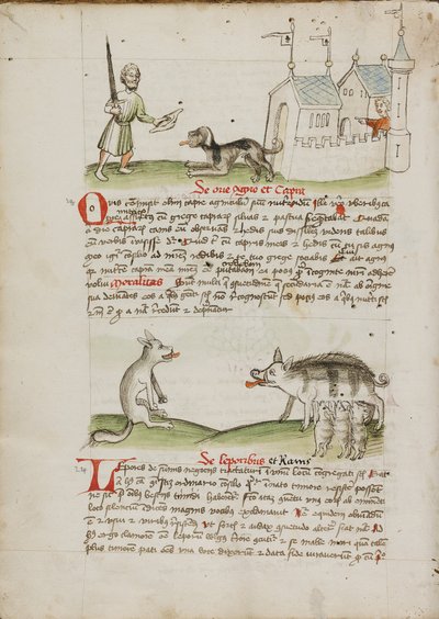 En man med ett svärd och en hund med ett ben; En varg och en gris av Unknown artist