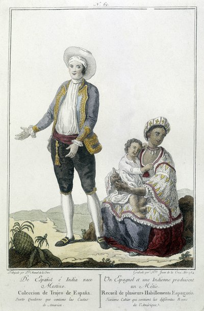 En spanjor och en indier föder en Métis - gravyr av Unknown artist
