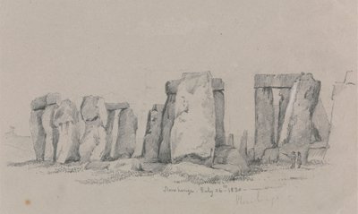 En vy av Stonehenge med två figurer i förgrunden av Unknown artist
