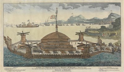 En vy av den franska flotten, som den ses flytande vid St. Maloes, i februari 1798. Maskinen är 600 fot lång och 300 bred, monterar 500 stycken kanoner, 36 och 48 pund, och ska transportera 15 000 trupper och för invasionen av England. av Unknown artist