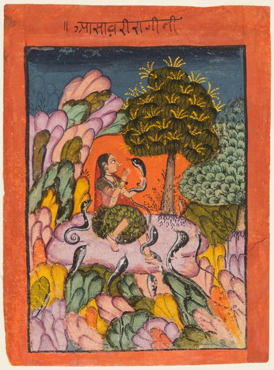 En kvinna charmar ormar i vildmarken: Asavari Ragini, från en Ragamala av Unknown artist