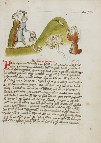 En kvinna i bön och en orm på en närbelägen kulle; en man som försöker döda en orm med en yxa av Unknown artist
