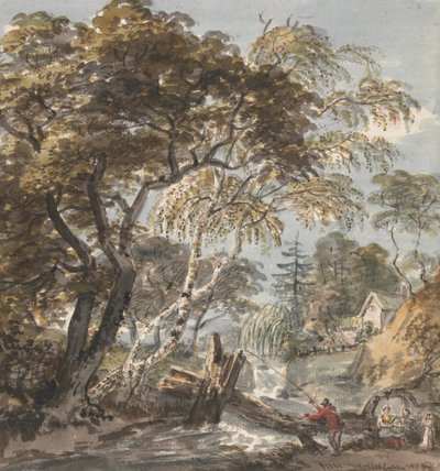 En Wood Stream med Angler av Unknown artist