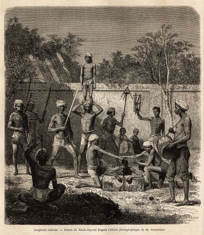 Ett gäng indiska jonglörer. Gravyr för att illustrera resan i Indiens meridionalprovinser, av Alfred Grandidier, 1862-1864, publicerad i "" le tour du monde", under ledning av D