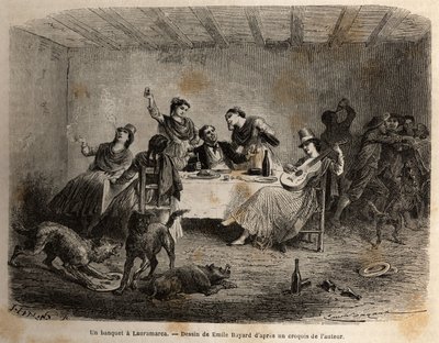 En bankett i Lauramarca (Nedre Peru), en man omgiven av indiska kvinnor, serveras och skämmas bort, medan hans tjänare drar fördel av hans distraktion och stöter ihop utan hans vetskap. Gravyr för att illustrera resan i Quinquinas dalar (Peru), av av Unknown artist