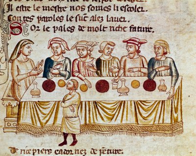 En bankettscen: en kung och hans gäster Miniatyr från "" Entree of Spain"". 1300-talets Venedig, Biblioteca Marciana. av Unknown artist