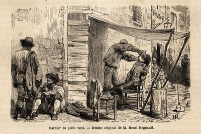 En frisör i vinden på Roms gator. Gravyr för att illustrera resan till Rom, av Francis Wey, 1864-1868, publicerad i "Le tour du monde, nouveau journal des voyages", under ledning av Edouard Charton av Unknown artist