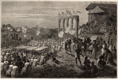 En brudkortege i Tete (Moçambique). Gravyr för att illustrera Dr. Livingstones första resor till södra Afrika från 1840 till 1856, i "Le tour du monde, nouveau journal des voyages"" publicerad under ledning av Edouard Charton av Unknown artist