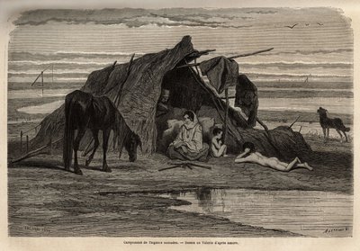 Ett läger av nomadiska zigenare på slätterna i norra Bosnien. Gravyr för att illustrera minnen av resor bland södra slaver, av Georges Perrot, 1868, publicerad i "" Le tour du monde"" 1870-1871, redigerad av Edouard Charton, upplaga Hachette, Pari av Unknown artist