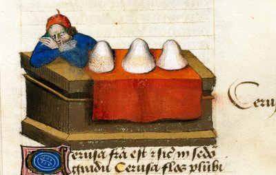 En hjorthandlare, använder för kosmetika Beskrivning av medicinalväxter och hur man förbereder dem. Manuskriptsida “” Treats on herbs”” (Tractatus de herbis) av Pedanius Dioscorides (Dioscorides) (40-90 AD) Lat.1152 av Unknown artist
